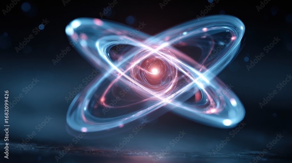 Poster dynamic depiction of an atom with rotating electrons around a nucleus, showcasing vivid colors and l