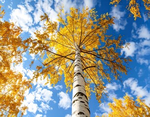 A vibrant autumn scene, showcasing a tall birch tree with its golden foliage against a backdrop of a clear blue sky dotted with fluffy white clouds.