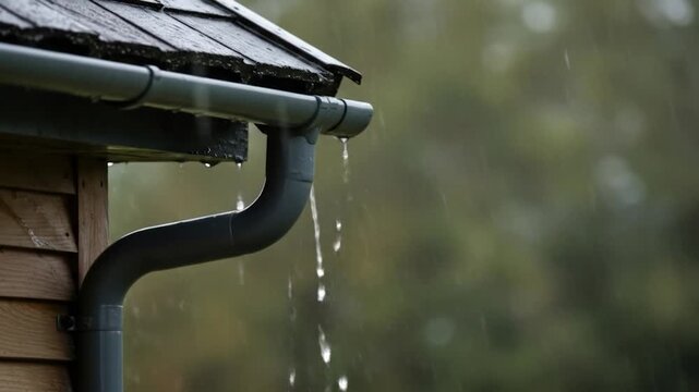 Rain water drops falling from roof gutter during storm draining system weather pattern