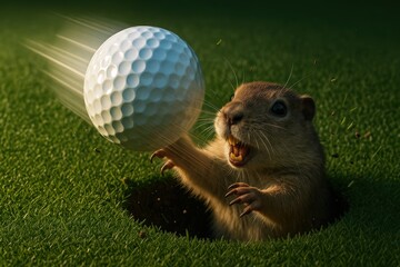 Gopher catching flying golf ball. Use for sports humor, gaming, novelty, and mascot branding 
