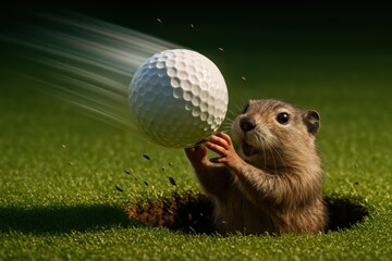 Playful gopher catching golf ball. Use for sports humor, branding, mascot, and parody campaigns 
