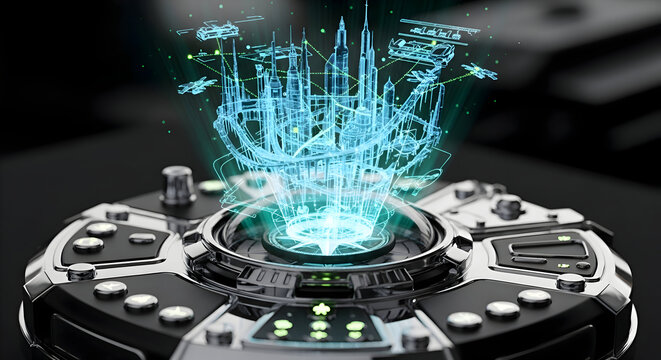 Futuristic holographic city blueprint projection from advanced technology device