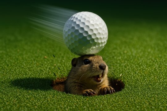 Comedic gopher hit by golf ball. Use for sports humor, slapstick advertising, novelty greeting cards and cartoon entertainment. 
