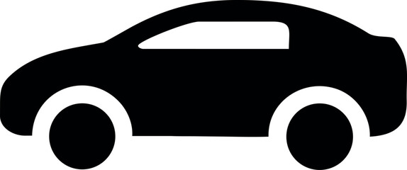 Simple black silhouette of a modern sedan car with white wheels on a white background