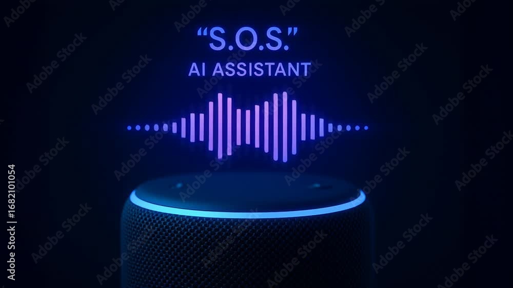 Poster ai voice assistant sos emergency concept with glowing soundwave and smart speaker. artificial intell