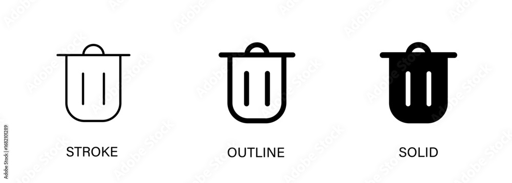 Poster trash icon for ui design, delete, cancel, phone and computer. vector stroke, outline and solid icons