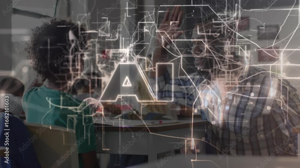 Aufkleber educator guiding student tracing lines signaling learning while glowing ai overlay forming letters