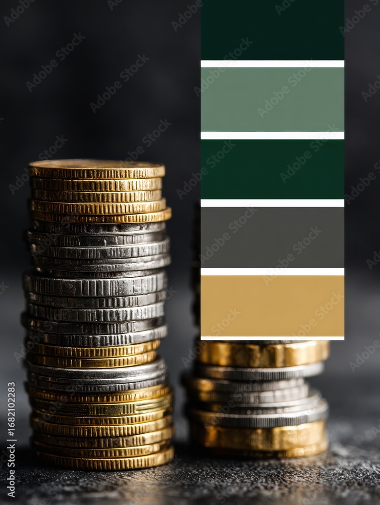 Poster multiple stacks of shiny coins in silver and gold arranged neatly, accompanied by a color palette fe