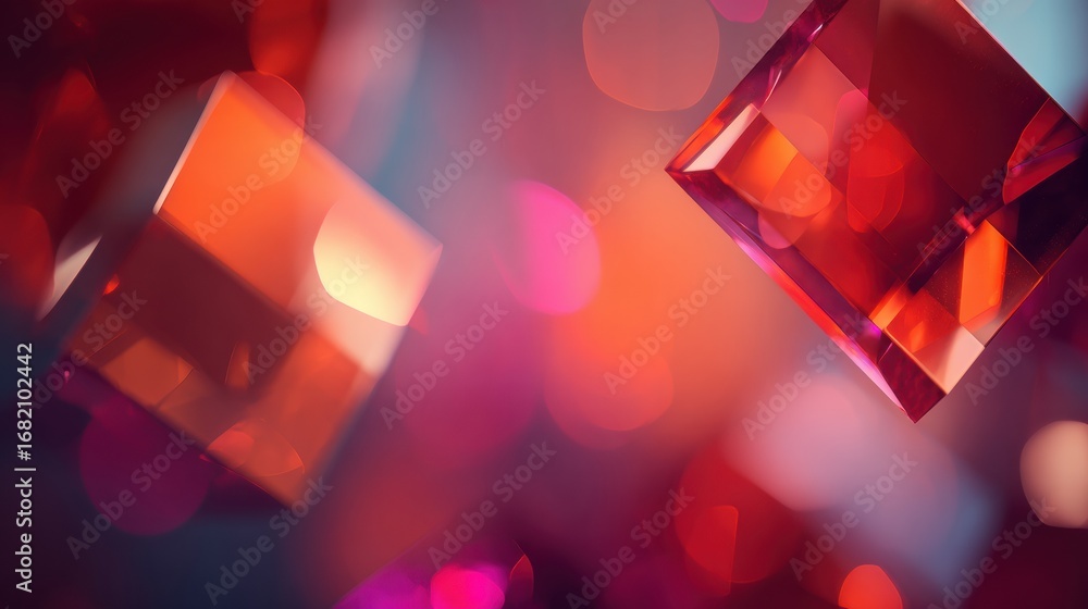 Poster brightly colored crystals seem to float in mid-air, reflecting warm hues and creating a captivating,