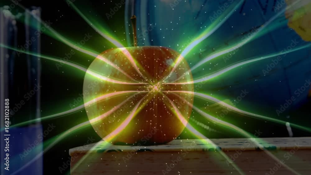 Poster green light emerging behind red apple and sending tendrils veiling globe to visualize energy aura
