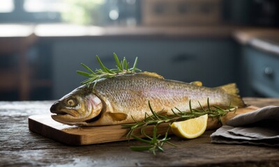 Fresh trout on a wooden cutting board, garnished with rosemary and a lemon