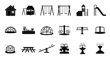 City Park and Playground Equipment Solid Glyph Icon Set