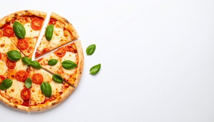 Delicious Margherita Pizza with Fresh Basil  Tomatoes on White Background.