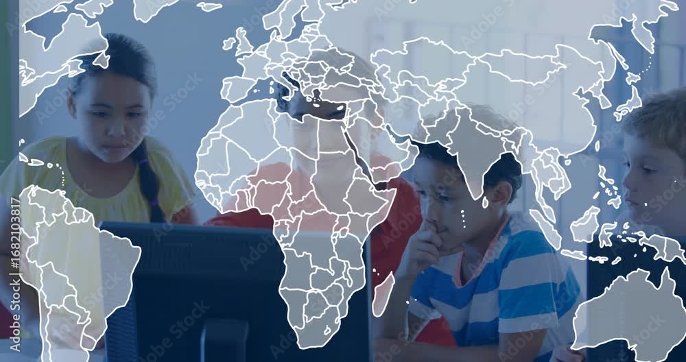 Poster teacher guiding students viewing fading map overlay on computer monitor for interactive learning