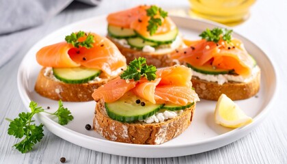 Delicious Smoked Salmon Bruschetta with Cucumber  Herbs on White Plate.