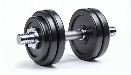 Naklejka premium A black dumbbell with silver accents on a white background.