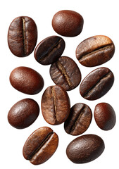 Roasted coffee beans, close-up, various shades of brown, oval shape, clustered