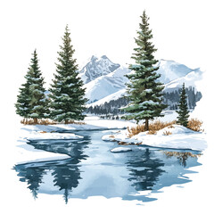 watercolor vector of Frozen Lake Reflections, isolated on a white background.