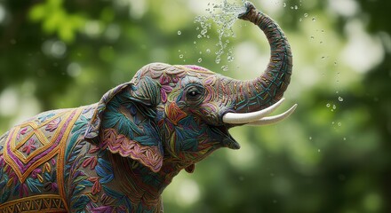 Obraz premium A richly decorated elephant, adorned with intricate embroidery, sprays water into the air.