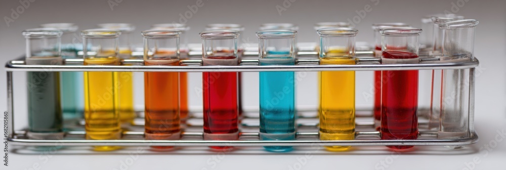 Poster test tubes containing vibrant liquids in varying colors are neatly arranged in a metal rack, indicat