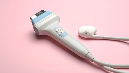 A medical ultrasound device, featuring a light gray and light blue casing, sits atop a pale pink surface, highlighted by its contrasting colors.