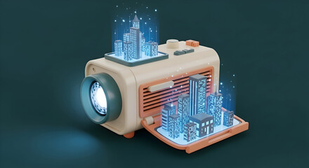 Futuristic projector displays glowing cityscapes, symbolizing urban innovation and future development