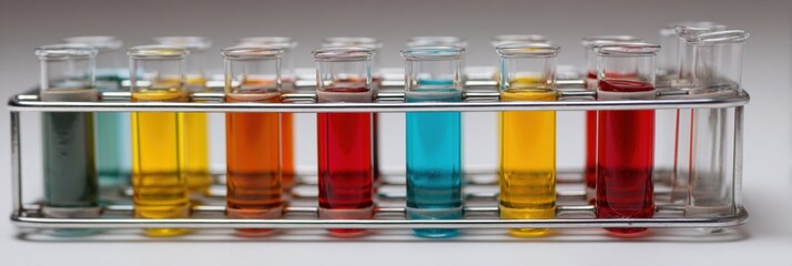 Test tubes containing vibrant liquids in varying colors are neatly arranged in a metal rack, indicating active experiments in a laboratory.