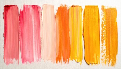 Fototapeta premium Abstract arrangement of strokes of different orange and pink shades of paint on a textured white surface. Warm color gradient, close-up perspective