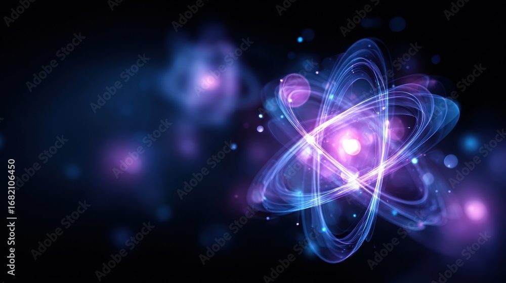 Poster swirling patterns of light and energy depict the structure of an atom, showcasing vibrant colors and