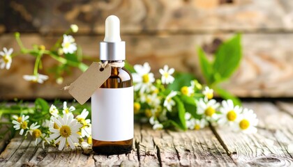 Chamomile essence in a dropper bottle with tag, surrounded by chamomile flowers and leaves, sits on rustic wooden boards