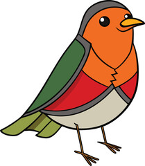 A cartoon bird with a vibrant red, green, and orange beak, perched and looking curiously to the side