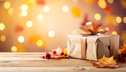 Fototapeta premium Festive Gift Box on Rustic Table with Autumn Leaves Bokeh Lights.