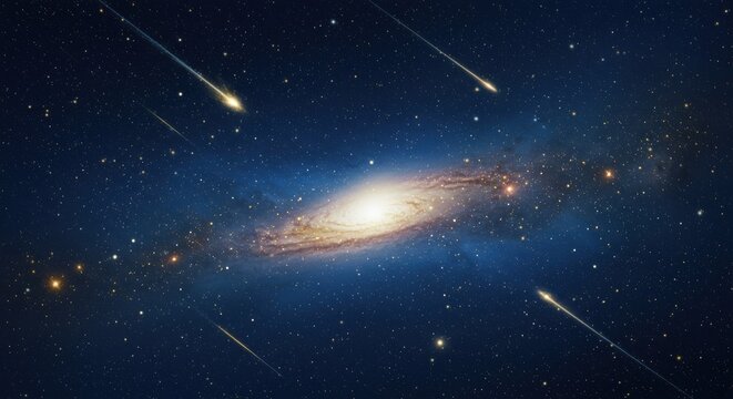 A breathtaking view of a spiral galaxy, with streaks of light from meteors, against a deep night sky.
