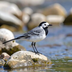 Fototapeta premium A charming white wagtail stands poised on a rock in shallow water, showcasing its striking black and white plumage.