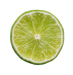 Close-up circular slice of a lime, vibrant green, with a noticeable interior pith