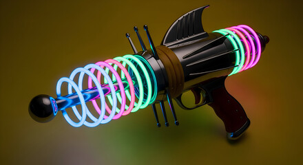 Futuristic neon ray gun pulses with vibrant energy, evoking sci-fi adventure and retro-cool.