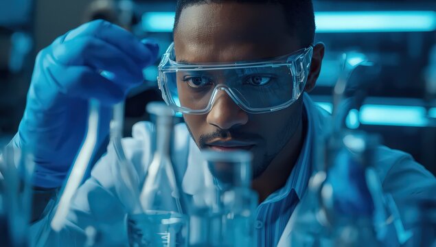 Closeup of a focused african american scientist in safety glasses examining test tubes in a laboratory, conducting research and experiments with precision