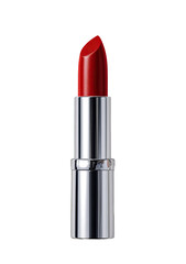 A bright crimson lipstick in a metallic silver tube