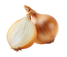 Two whole and halved onions, close-up.  Light tan/golden color,  showing layered internal structure.  Fresh, healthy appearance