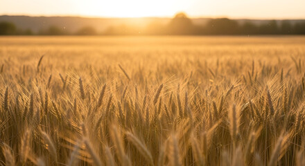 Obraz premium Golden Field at Sunset: A breathtaking view of golden wheat field, illuminated by the warm embrace of the setting sun. This image evokes feelings of serenity and the beauty of the great outdoors.