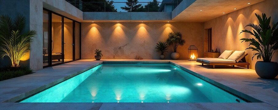 Luxury indoor swimming pool nestled within a converted garage, featuring sleek modern design and ambient lighting Perfect for a relaxing escape or private aquatic workout , private pool, poolside