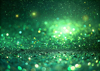 Deep green glitter bokeh background with scattered sparkling particles and bright light sources image