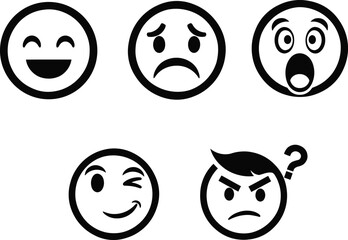 Set of Emoji Faces Line Art Icons: Happy, Sad, Surprised, Winking, and Angry Emotions for Communication, Social Media, and Human Feelings Concepts.