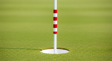 Obraz premium Golf Course Green: An extreme close-up of a golf course green with a red and white striped flag pole and the hole, representing precision, focus, and the spirit of the sport. 