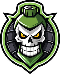 A green skull with an angry expression, featuring exaggerated features and sharp teeth
