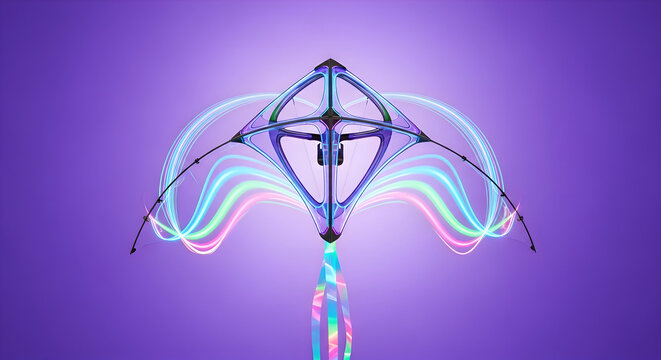 Futuristic abstract kite with vibrant neon light trails soaring against a purple gradient background - Powered by Adobe