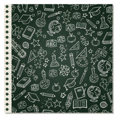 Seamless Education Doodle: A vibrant artistic seamless pattern of education-related doodles on a green backdrop, designed to inspire a sense of scholastic fun and learning.