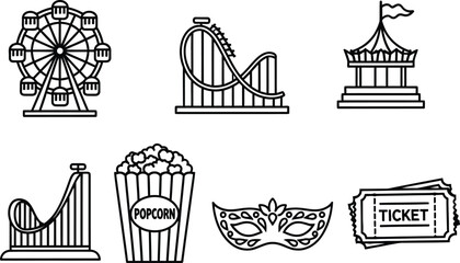Funfair and Amusement Park Line Art Icons: Ferris Wheel, Rollercoaster, Popcorn, and Carnival Ticket for Entertainment and Celebration Concepts.