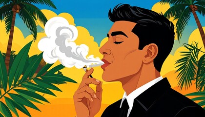 A man in a suit exhales smoke from a cigarette, set against a tropical backdrop of palm trees and a warm sunset.