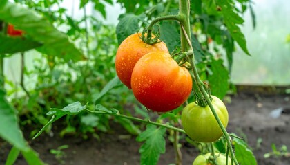 Ripe and unripe tomatoes growing on a vine in a greenhouse